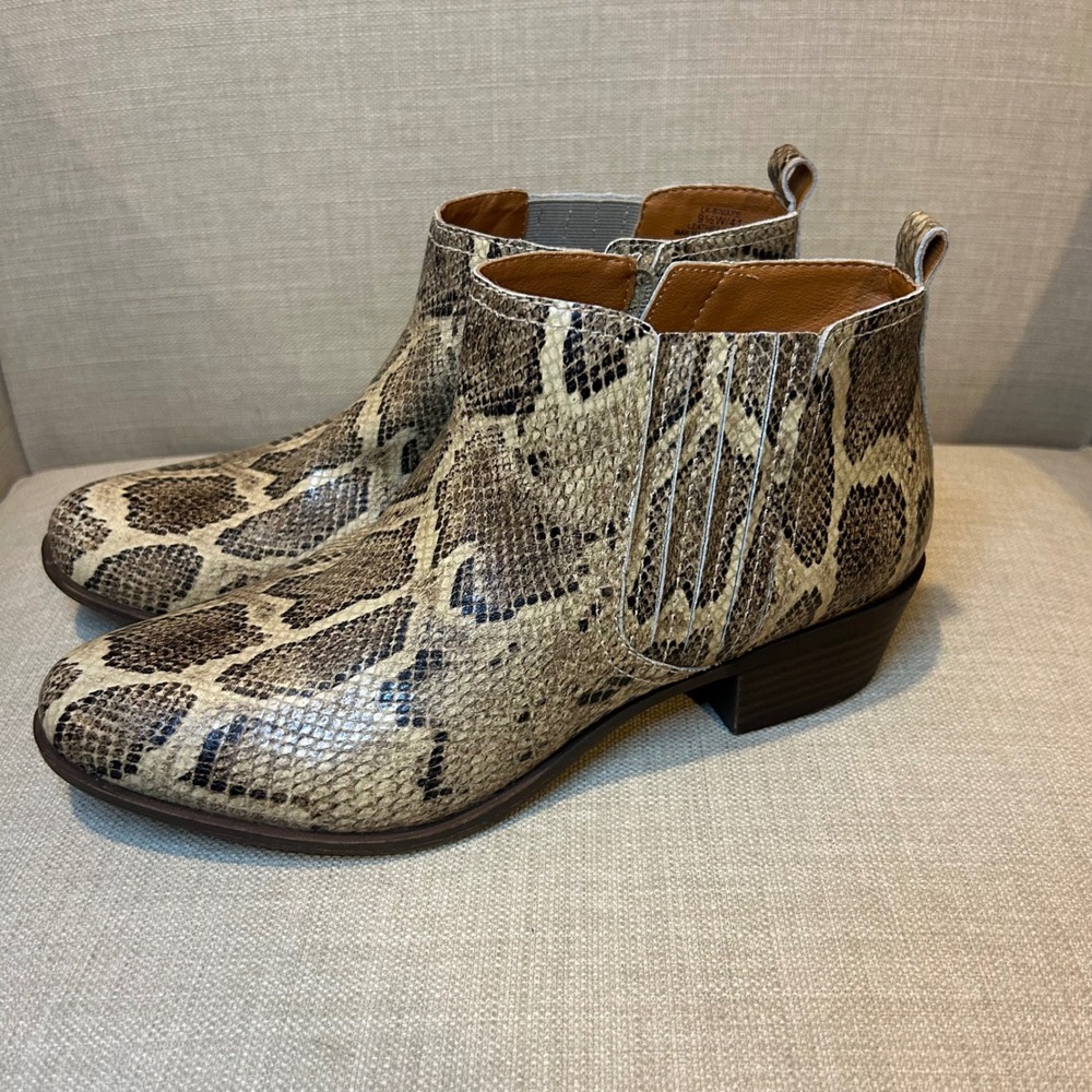 Lucky Brand Bimare Snakeskin Leather Ankle Boots Tan Brown 9.5 Wide